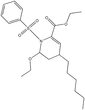 1,2,3,4-Tetrahydro-4-hexyl-2-ethoxy-1-(phenylsulfonyl)pyridine-6-carboxylic acid ethyl ester Struktur