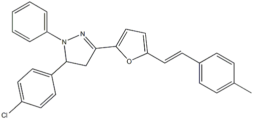 2-[[4,5-Dihydro-1-phenyl-5-(4-chlorophenyl)-1H-pyrazol]-3-yl]-5-[2-[4-methylphenyl]ethenyl]furan Struktur