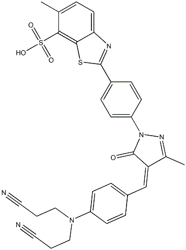 2-[4-[[4-[[4-[Bis(2-cyanoethyl)amino]phenyl]methylene]-4,5-dihydro-3-methyl-5-oxo-1H-pyrazol]-1-yl]phenyl]-6-methyl-7-benzothiazolesulfonic acid Struktur