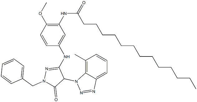 1-Benzyl-3-[4-methoxy-5-(tetradecanoylamino)anilino]-4-(7-methyl-1H-benzotriazol-1-yl)-5(4H)-pyrazolone Struktur