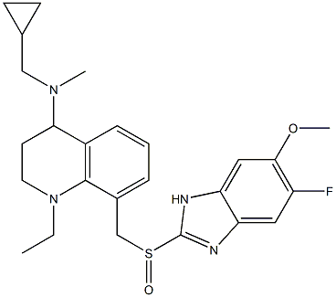 1-Ethyl-1,2,3,4-tetrahydro-4-[N-methyl(cyclopropylmethyl)amino]-8-(5-fluoro-6-methoxy-1H-benzimidazol-2-ylsulfinylmethyl)quinoline Struktur