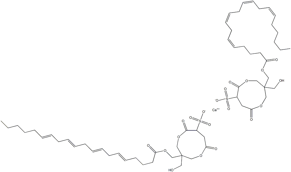 Bis[1-[[[(5Z,8Z,11Z,14Z)-1-oxo-5,8,11,14-icosatetren-1-yl]oxy]methyl]-1-(hydroxymethyl)-4,7-dioxo-3,8-dioxacyclononane-6-sulfonic acid]calcium salt Struktur