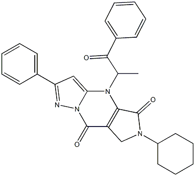 6-Cyclohexyl-6,7-dihydro-4-(1-methyl-2-oxo-2-phenylethyl)-2-phenyl-4H-1,4,6,8a-tetraaza-s-indacene-5,8-dione Struktur