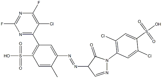 4-[4-[[5-(5-Chloro-2,6-difluoro-4-pyrimidinyl)-4-sulfo-2-methylphenyl]azo]-5-oxo-2-pyrazolin-1-yl]-2,5-dichlorobenzenesulfonic acid Struktur