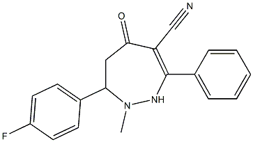 2-Methyl-3-(4-fluorophenyl)-6-cyano-7-phenyl-1,2,3,4-tetrahydro-5H-1,2-diazepin-5-one Struktur