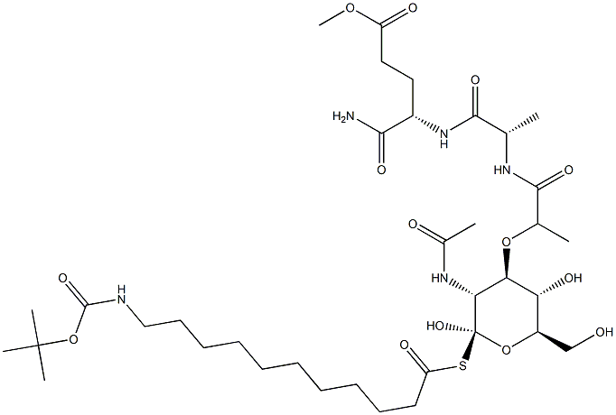 (4S)-4-[[N-[N-Acetyl-1-[[11-[[(tert-butoxy)carbonyl]amino]undecanoyl]thio]muramoyl]-L-alanyl]amino]-5-amino-5-oxopentanoic acid methyl ester Struktur