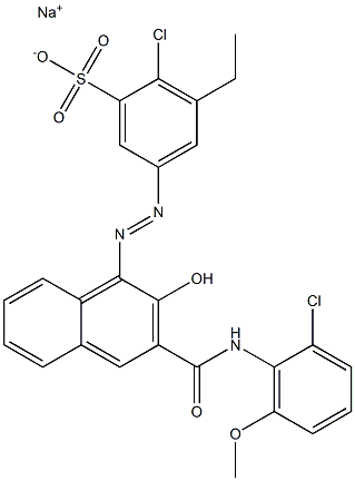 2-Chloro-3-ethyl-5-[[3-[[(2-chloro-6-methoxyphenyl)amino]carbonyl]-2-hydroxy-1-naphtyl]azo]benzenesulfonic acid sodium salt Struktur