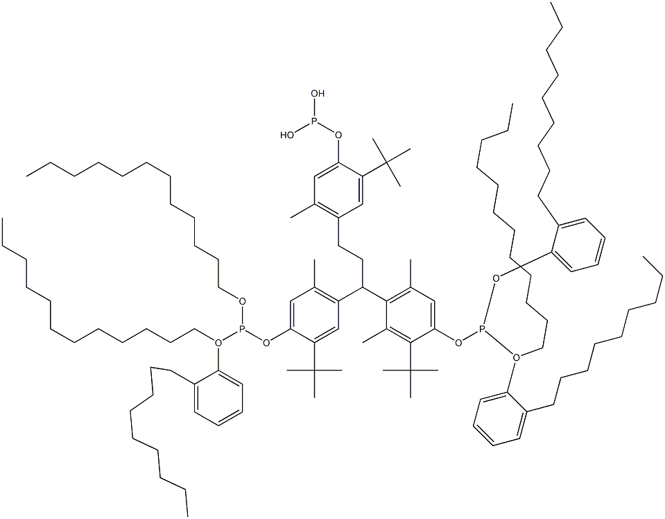 [3-Methyl-1,1,3-propanetriyltris(2-tert-butyl-5-methyl-4,1-phenyleneoxy)]tris(phosphonous acid)O,O',O''-tridodecyl O,O',O''-tris(2-nonylphenyl) ester Struktur