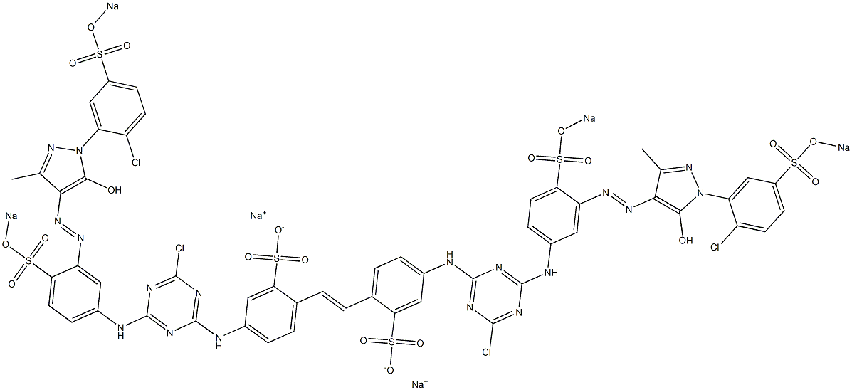 4,4'-Bis[4-chloro-6-[3-[1-[2-chloro-5-(sodiosulfo)phenyl]-5-hydroxy-3-methyl-1H-pyrazol-4-ylazo]-4-(sodiosulfo)anilino]-1,3,5-triazin-2-ylamino]-2,2'-stilbenedisulfonic acid disodium salt Struktur