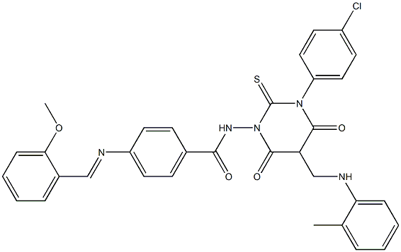 4-(2-Methoxybenzylideneamino)-N-[[hexahydro-4,6-dioxo-2-thioxo-3-(4-chlorophenyl)-5-(2-methylphenylaminomethyl)pyrimidin]-1-yl]benzamide Struktur