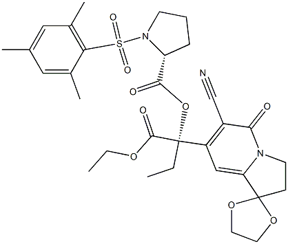 6-Cyano-7-[(S)-1-ethoxycarbonyl-1-[[(2R)-1-[(2,4,6-trimethylphenyl)sulfonyl]-2-pyrrolidinyl]carbonyloxy]propyl]-2,3-dihydrospiro[indolizine-1,2'-[1,3]dioxolan]-5-one Struktur