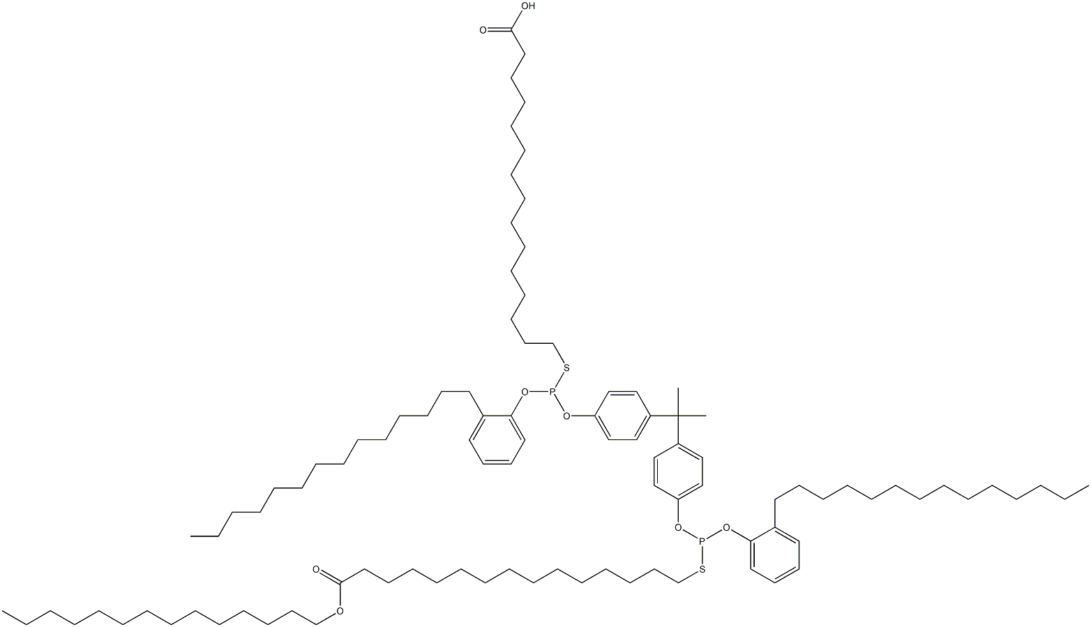 15,15'-[[Isopropylidenebis(4,1-phenyleneoxy)]bis[[(2-tetradecylphenyl)oxy]phosphinediylthio]]bis(pentadecanoic acid tetradecyl) ester Struktur