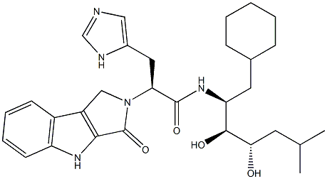 (2S)-3-(4-Imidazolyl)-2-[(1,2,3,4-tetrahydro-3-oxopyrrolo[3,4-b]indol)-2-yl]-N-[(1S,2S,3S)-1-cyclohexylmethyl-2,3-dihydroxy-5-methylhexyl]propionamide Struktur