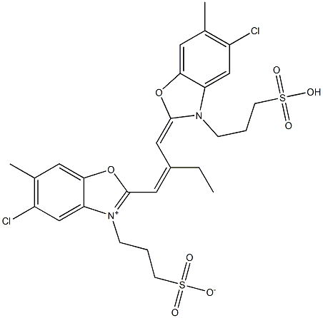 5-Chloro-2-[2-[[[5-chloro-6-methyl-3-(3-sulfopropyl)-2,3-dihydrobenzoxazol]-2-ylidene]methyl]-1-butenyl]-6-methyl-3-(3-sulfonatopropyl)benzoxazolium Struktur