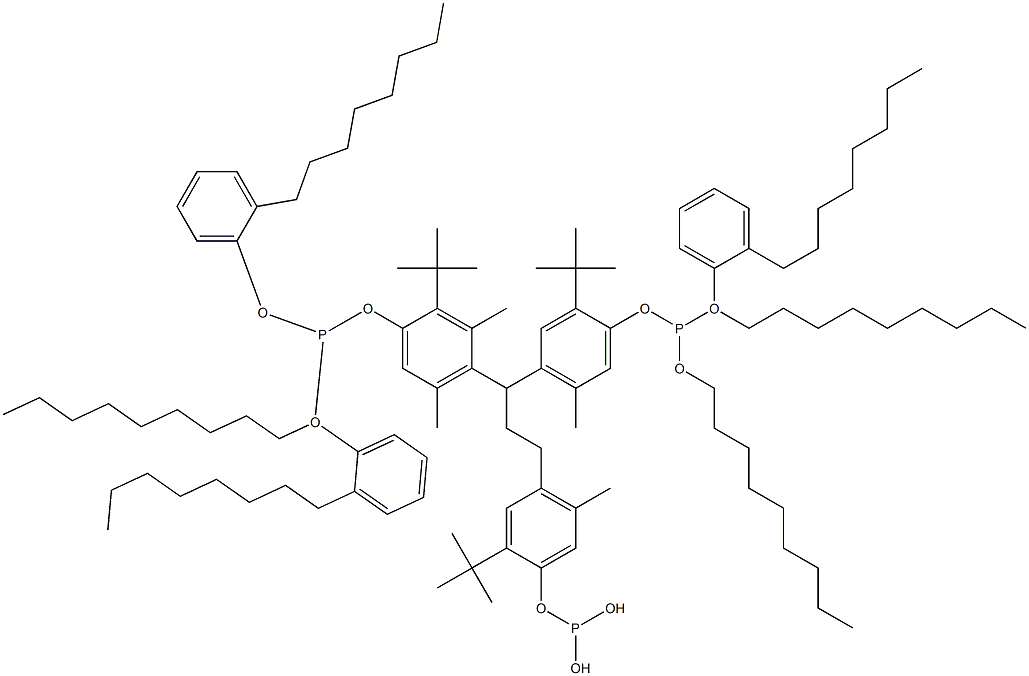 [3-Methyl-1,1,3-propanetriyltris(2-tert-butyl-5-methyl-4,1-phenyleneoxy)]tris(phosphonous acid)O,O',O''-trinonyl O,O',O''-tris(2-octylphenyl) ester Struktur