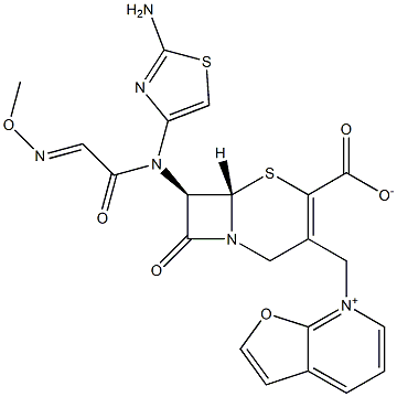 (7R)-7-[(2-Amino-4-thiazolyl)(methoxyimino)acetylamino]-3-[[(furo[2,3-b]pyridin-7-ium)-7-yl]methyl]cepham-3-ene-4-carboxylic acid Struktur