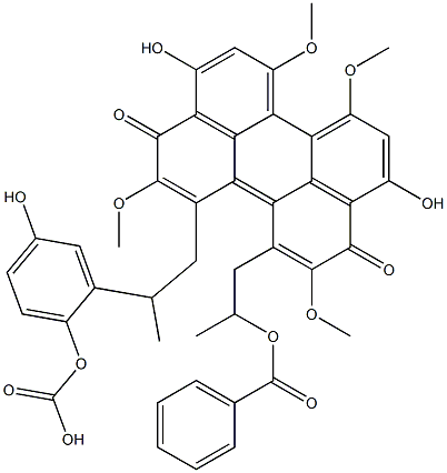 Carbonic acid [2-[[12-[2-(benzoyloxy)propyl]-3,10-dihydro-4,9-dihydroxy-2,6,7,11-tetramethoxy-3,10-dioxoperylen]-1-yl]-1-methylethyl]4-hydroxyphenyl ester Struktur