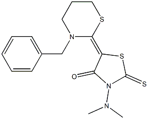 2-Thioxo-3-(dimethylamino)-5-[(tetrahydro-3-benzyl-2H-1,3-thiazin)-2-ylidene]thiazolidin-4-one Struktur