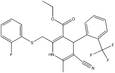 5-Cyano-1,4-dihydro-6-methyl-2-[(2-fluorophenylthio)methyl]-4-(2-trifluoromethylphenyl)pyridine-3-carboxylic acid ethyl ester Struktur