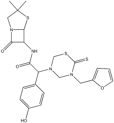 7-Oxo-3,3-dimethyl-6-[[[(tetrahydro-2-thioxo-3-(2-furanylmethyl)-2H-1,3,5-thiadiazin)-5-yl](4-hydroxyphenyl)acetyl]amino]-4-thia-1-azabicyclo[3.2.0]heptane Struktur