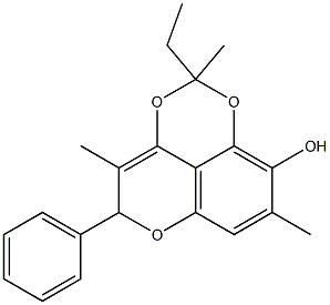 4,8-Dimethyl-5-phenyl-2-methyl-2-ethyl-5H-pyrano[4,3,2-de]-1,3-benzodioxin-9-ol Struktur