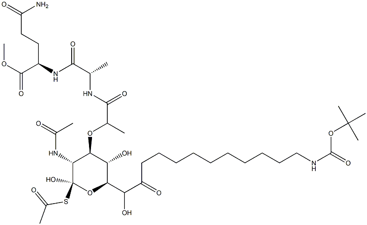 N2-[N-[N-Acetyl-1-(acetylthio)-6-[11-[[(tert-butoxy)carbonyl]amino]undecanoyl]muramoyl]-L-alanyl]-D-glutamine methyl ester Struktur