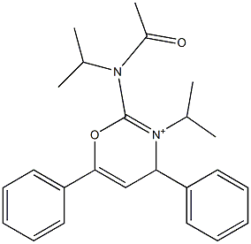 3-Isopropyl-2-[isopropyl(acetyl)amino]-4,6-diphenyl-4H-1,3-oxazin-3-ium Struktur