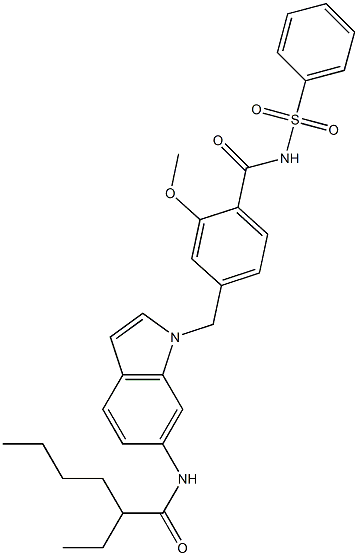 4-[6-(2-Ethylhexanoylamino)-1H-indol-1-ylmethyl]-2-methoxy-N-phenylsulfonylbenzamide Struktur