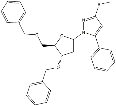 3-O,5-O-Dibenzyl-1-[5-phenyl-3-(methylthio)-1H-pyrazol-1-yl]-1,2-dideoxy-D-ribofuranose Struktur