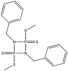 2,4-Bis(methylthio)-1,3-bis(phenylmethyl)2,4-dithioxo-1,3,2,4-diazadiphosphetidine Struktur