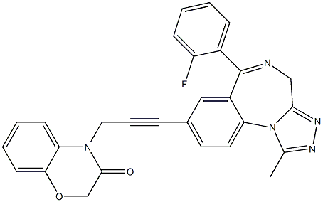 1-Methyl-6-(2-fluorophenyl)-8-[3-[(2,3-dihydro-3-oxo-4H-1,4-benzoxazin)-4-yl]-1-propynyl]-4H-[1,2,4]triazolo[4,3-a][1,4]benzodiazepine Struktur