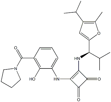 (R)-3-((2-hydroxy-3-(pyrrolidine-1-carbonyl)
phenyl)amino)-4-((1-(4-isopropyl-5-methyl
furan-2-yl)-2-methylpropyl)amino)cyclobut
-3-ene-1,2-dione Struktur