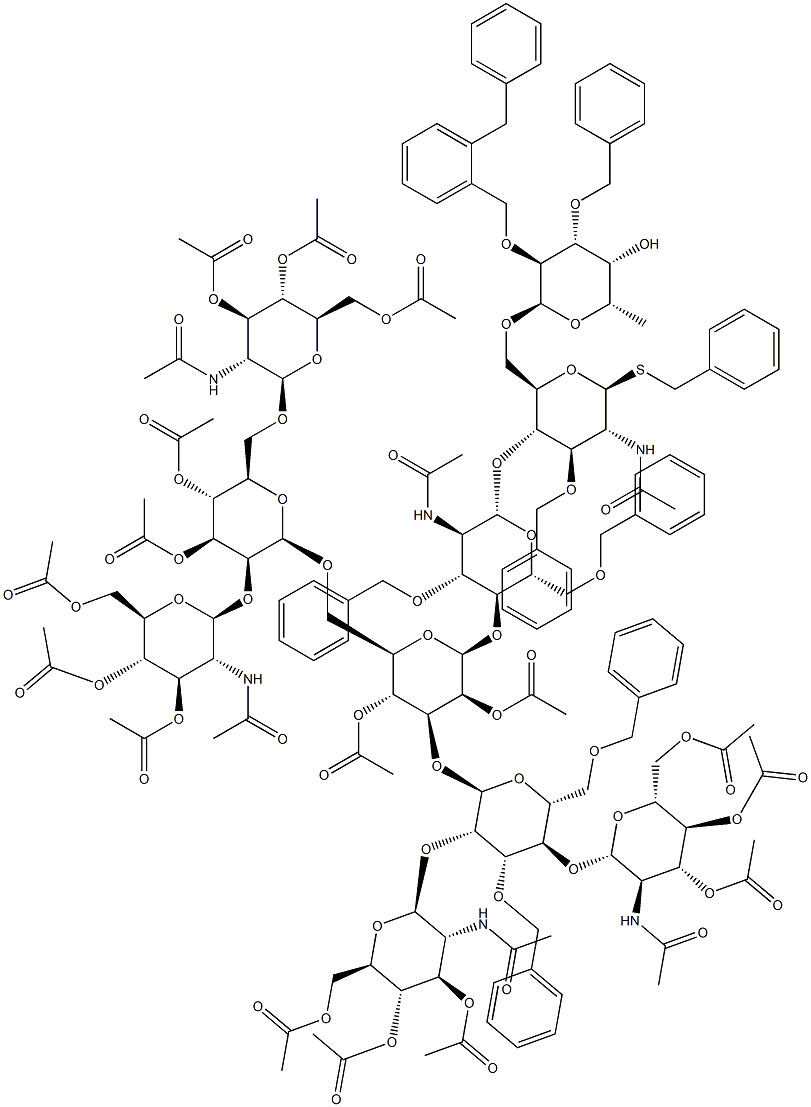 Benzyl 2-acetamido-4-O-{2-acetamido-4-O-[[2,4-Di-O-acetyl-3-O-[2,4-di-O-(2-acetamido-3,4,6-tri-O-acetyl-2-deoxy-b-D-glucopyranosyl)-3,6-di-O-benzyl-a-D-mannopyranosyl]-6-O-[3,4-di-O-acetyl-2,6-di-O-(2-acetamido-3,4,6-tri-O-acetyl-2-deoxy-b-D-glucopyranosyl)-b-D-mannopyranosyl]-b-D-mannopyranosyl]]-3,6-di-O-benzyl-2-deoxy-b-D-glucopyranosyl}-3-O-benzyl-6-O-(tri-O-benzyl-a-L-fucopyranosyl)-2-deoxy-b-D-thioglucopyranoside Struktur