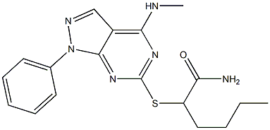 alpha-((4-(methylamino)-1-phenylpyrazolo(3,4-d)pyrimidin-6-yl)thio)hexanamide Struktur