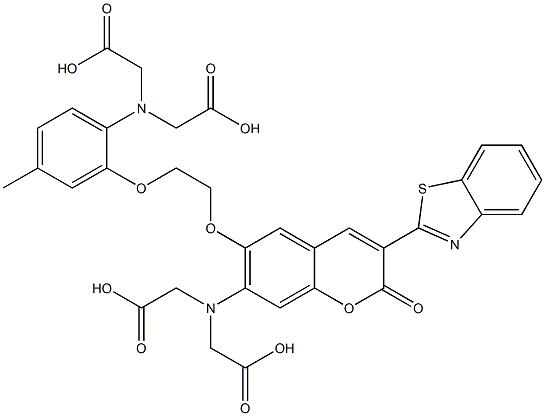 N-(3-(2-benzothiazolyl)-6-(2-(2-(bis(carboxymethyl)amino)-5-methylphenoxy)ethoxy)-2-oxo-2H-1-benzopyran-7-yl)-N-(carboxymethyl)glycine Struktur