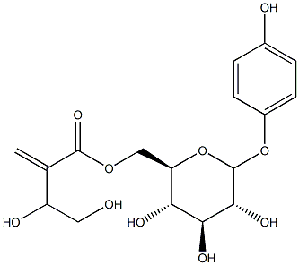 4-hydroxyphenyl-6-O-(3,4-dihydroxy-2-methylenebutanoyl)glucopyranoside Struktur