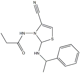 2-(1-phenyl)ethylamino-3-propionylamino-4-cyanothiazole Struktur