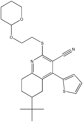 6-(tert-butyl)-2-{[2-(tetrahydro-2H-pyran-2-yloxy)ethyl]sulfanyl}-4-(2-thienyl)-5,6,7,8-tetrahydro-3-quinolinecarbonitrile Struktur