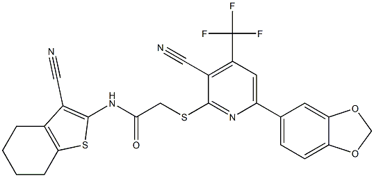 2-{[6-(1,3-benzodioxol-5-yl)-3-cyano-4-(trifluoromethyl)-2-pyridinyl]sulfanyl}-N-(3-cyano-4,5,6,7-tetrahydro-1-benzothiophen-2-yl)acetamide Struktur