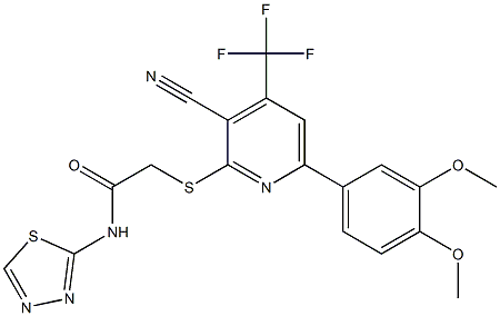 2-{[3-cyano-6-(3,4-dimethoxyphenyl)-4-(trifluoromethyl)-2-pyridinyl]sulfanyl}-N-(1,3,4-thiadiazol-2-yl)acetamide Struktur