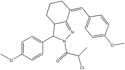 2-Chloro-1-[7-(4-methoxy-benzylidene)-3-(4-methoxy-phenyl)-3,3a,4,5,6,7-hexahydro-indazol-2-yl]-propan-1-one Struktur