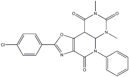 2-(4-chlorophenyl)-6,8-dimethyl-5-phenyl-4,5,5a,6,7,8,9,9a-octahydropyrimido[5',4':5,6]pyrido[3,4-d][1,3]oxazole-4,7,9-trione Struktur