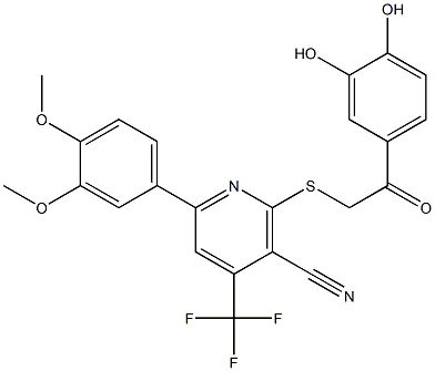 2-{[2-(3,4-dihydroxyphenyl)-2-oxoethyl]sulfanyl}-6-(3,4-dimethoxyphenyl)-4-(trifluoromethyl)nicotinonitrile Struktur