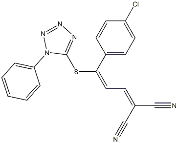 2-{3-(4-chlorophenyl)-3-[(1-phenyl-1H-1,2,3,4-tetraazol-5-yl)thio]prop-2-enylidene}malononitrile Struktur