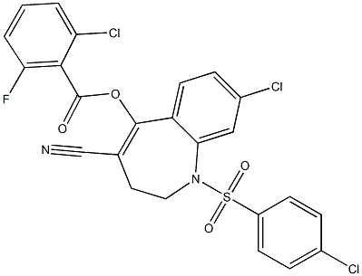 8-chloro-1-[(4-chlorophenyl)sulfonyl]-4-cyano-2,3-dihydro-1H-1-benzazepin-5-yl 2-chloro-6-fluorobenzoate Struktur