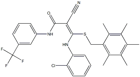 N1-[3-(trifluoromethyl)phenyl]-3-(2-chloroanilino)-2-cyano-3-[(2,3,4,5,6-pentamethylbenzyl)thio]acrylamide Struktur