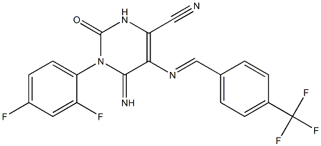 1-(2,4-difluorophenyl)-6-imino-2-oxo-5-{[4-(trifluoromethyl)benzylidene]amino}-1,2,3,6-tetrahydropyrimidine-4-carbonitrile Struktur