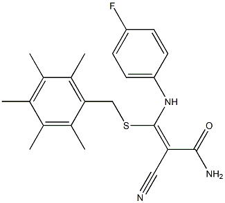 2-cyano-3-(4-fluoroanilino)-3-[(2,3,4,5,6-pentamethylbenzyl)thio]acrylamide Struktur