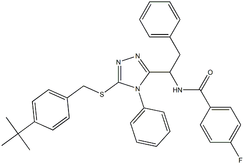 N-[1-(5-{[4-(tert-butyl)benzyl]sulfanyl}-4-phenyl-4H-1,2,4-triazol-3-yl)-2-phenylethyl]-4-fluorobenzenecarboxamide Struktur