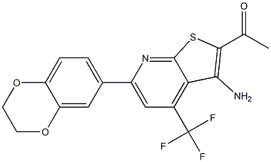 1-[3-amino-6-(2,3-dihydro-1,4-benzodioxin-6-yl)-4-(trifluoromethyl)thieno[2,3-b]pyridin-2-yl]-1-ethanone Struktur